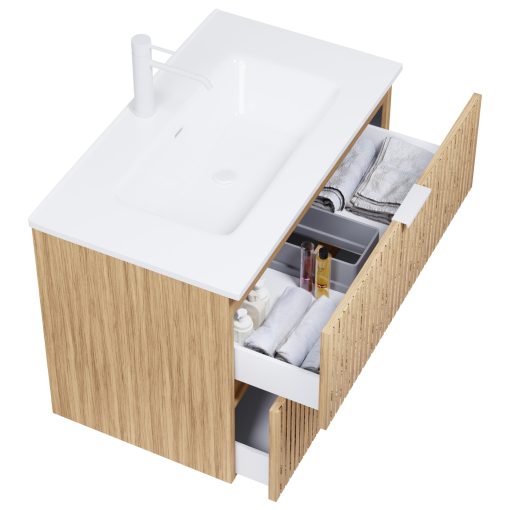 HD Parma Hickory 60 komplett fürdőszoba bútor szett fali mosdószekrénnyel, matt fehér fogantyúkkal, fényes fehér slim mosdóval, tükörrel és magasszekrénnyel