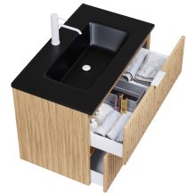 HD Parma Hickory 60 fali mosdószekrény matt fehér fogantyúkkal és matt fekete slim mosdóval