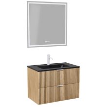 HD Parma Hickory 60 komplett fürdőszoba bútor fali mosdószekrénnyel, matt fehér fogantyúkkal, matt fekete slim mosdóval és tükörrel