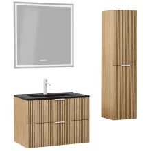 HD Parma Hickory 60 komplett fürdőszoba bútor szett fali mosdószekrénnyel, matt fehér fogantyúkkal, matt fekete slim mosdóval, tükörrel és magasszekrénnyel