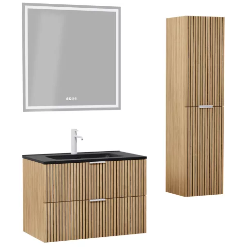 HD Parma Hickory 60 komplett fürdőszoba bútor szett fali mosdószekrénnyel, matt fehér fogantyúkkal, matt fekete slim mosdóval, tükörrel és magasszekrénnyel