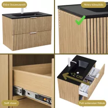 HD Parma Hickory 60 komplett fürdőszoba bútor szett fali mosdószekrénnyel, matt fehér fogantyúkkal, matt fekete slim mosdóval, tükörrel és magasszekrénnyel