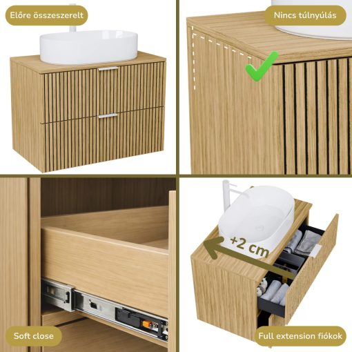 HD Palma Hickory 60 fali mosdószekrény hikoridió színű mosdópulttal és matt fehér fogantyúkkal