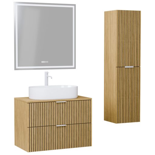 HD Palma Hickory 60 komplett fürdőszoba bútor szett fali mosdószekrénnyel, hikoridió színű mosdópulttal, matt fehér fogantyúkkal, tükörrel és magasszekrénnyel