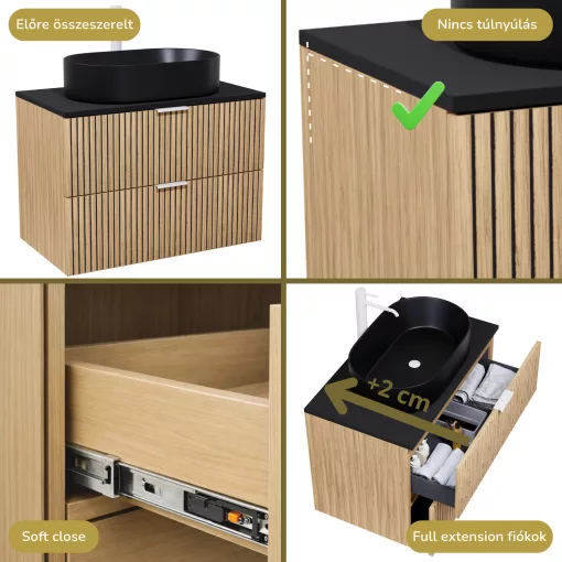 HD Palma Hickory 60 fali mosdószekrény matt fekete mosdópulttal és matt fehér fogantyúkkal