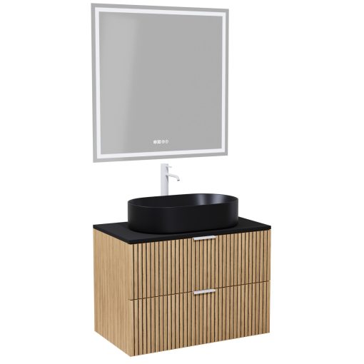 HD Palma Hickory 60 komplett fürdőszoba bútor fali mosdószekrénnyel, matt fekete mosdópulttal, matt fehér fogantyúkkal és tükörrel