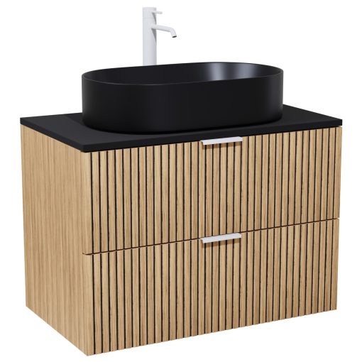 HD Palma Hickory 60 komplett fürdőszoba bútor fali mosdószekrénnyel, matt fekete mosdópulttal, matt fehér fogantyúkkal és tükörrel