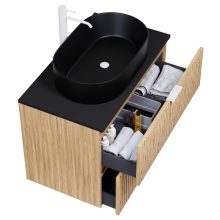 HD Palma Hickory 60 komplett fürdőszoba bútor fali mosdószekrénnyel, matt fekete mosdópulttal, matt fehér fogantyúkkal és tükörrel