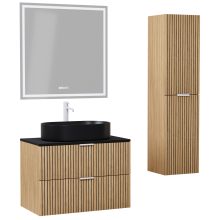 HD Palma Hickory 60 komplett fürdőszoba bútor szett fali mosdószekrénnyel, matt fekete mosdópulttal, matt fehér fogantyúkkal, tükörrel és magasszekrénnyel