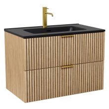 HD Parma Hickory 60 fali mosdószekrény szálcsiszolt arany fogantyúkkal és matt fekete slim mosdóval