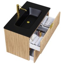 HD Parma Hickory 60 fali mosdószekrény szálcsiszolt arany fogantyúkkal és matt fekete slim mosdóval