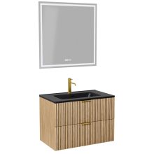 HD Parma Hickory 60 komplett fürdőszoba bútor fali mosdószekrénnyel, szálcsiszolt arany fogantyúkkal, matt fekete slim mosdóval és tükörrel