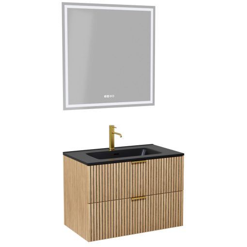 HD Parma Hickory 60 komplett fürdőszoba bútor fali mosdószekrénnyel, szálcsiszolt arany fogantyúkkal, matt fekete slim mosdóval és tükörrel