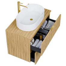 HD Palma Hickory 60 fali mosdószekrény hikoridió színű mosdópulttal és szálcsiszolt arany fogantyúkkal