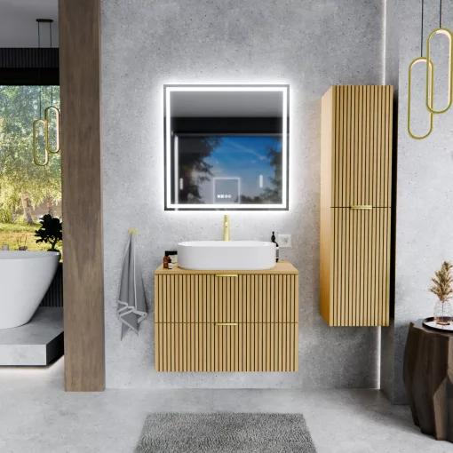 HD Palma Hickory 60 komplett fürdőszoba bútor szett fali mosdószekrénnyel, hikoridió színű mosdópulttal, szálcsiszolt arany fogantyúkkal, tükörrel és magasszekrénnyel