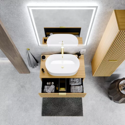HD Palma Hickory 60 komplett fürdőszoba bútor szett fali mosdószekrénnyel, hikoridió színű mosdópulttal, szálcsiszolt arany fogantyúkkal, tükörrel és magasszekrénnyel
