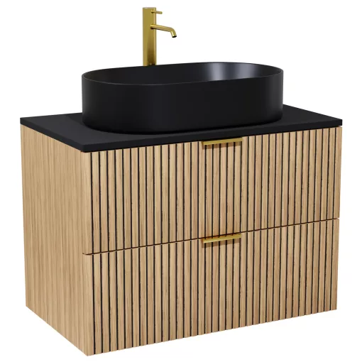 HD Palma Hickory 60 fali mosdószekrény matt fekete mosdópulttal és szálcsiszolt arany fogantyúkkal