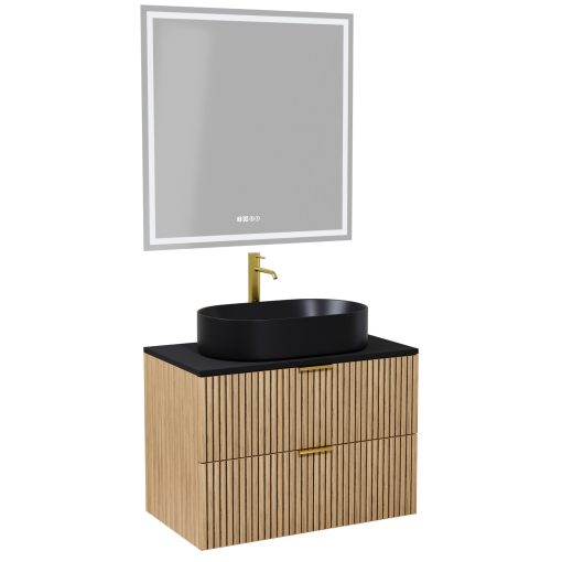 HD Palma Hickory 60 komplett fürdőszoba bútor fali mosdószekrénnyel, matt fekete mosdópulttal, szálcsiszolt arany fogantyúkkal és tükörrel