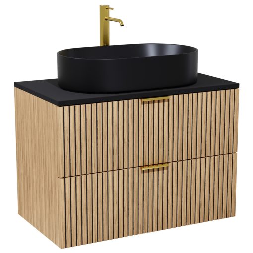 HD Palma Hickory 60 komplett fürdőszoba bútor fali mosdószekrénnyel, matt fekete mosdópulttal, szálcsiszolt arany fogantyúkkal és tükörrel