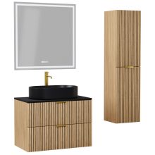 HD Palma Hickory 60 komplett fürdőszoba bútor szett fali mosdószekrénnyel, matt fekete mosdópulttal, szálcsiszolt arany fogantyúkkal, tükörrel és magasszekrénnyel