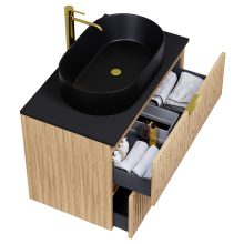 HD Palma Hickory 60 komplett fürdőszoba bútor szett fali mosdószekrénnyel, matt fekete mosdópulttal, szálcsiszolt arany fogantyúkkal, tükörrel és magasszekrénnyel