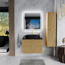 HD Palma Hickory 60 komplett fürdőszoba bútor szett fali mosdószekrénnyel, matt fekete mosdópulttal, szálcsiszolt arany fogantyúkkal, tükörrel és magasszekrénnyel