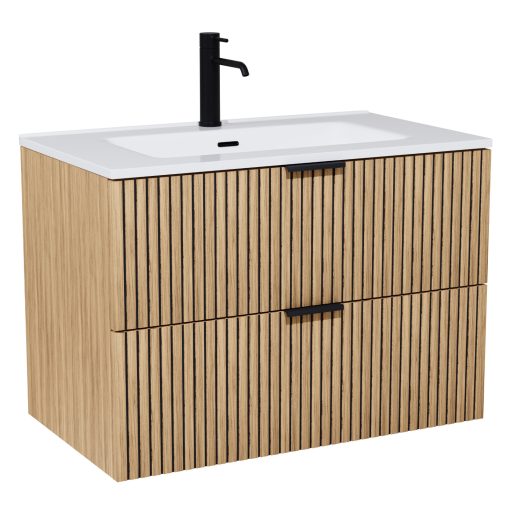 HD Parma Hickory 60 komplett fürdőszoba bútor fali mosdószekrénnyel, matt fekete fogantyúkkal, fényes fehér slim mosdóval és tükörrel