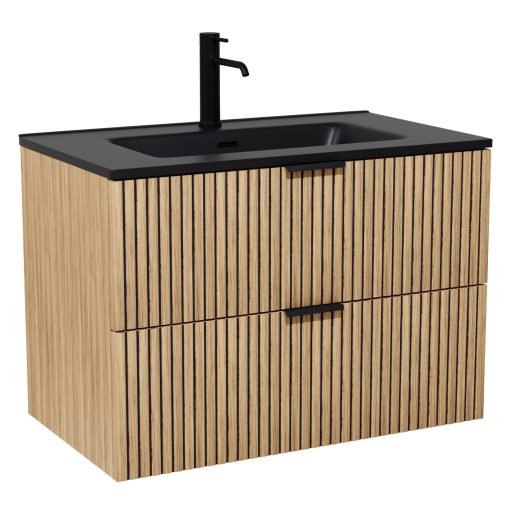 HD Parma Hickory 60 komplett fürdőszoba bútor fali mosdószekrénnyel, matt fekete fogantyúkkal, matt fekete slim mosdóval és tükörrel