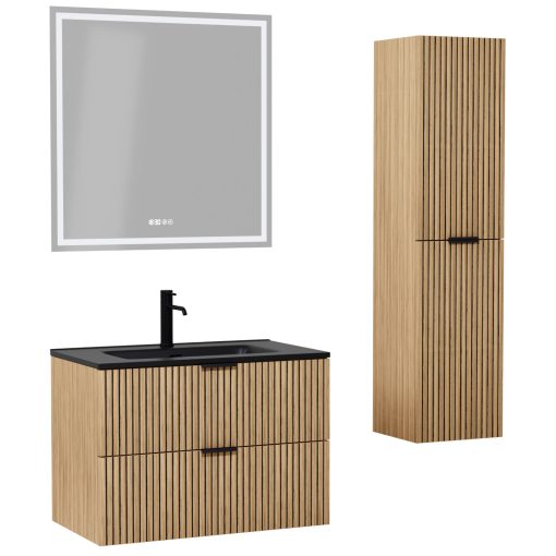 HD Parma Hickory 60 komplett fürdőszoba bútor szett fali mosdószekrénnyel, matt fekete fogantyúkkal, matt fekete slim mosdóval, tükörrel és magasszekrénnyel