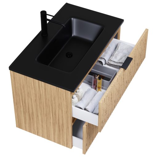 HD Parma Hickory 60 komplett fürdőszoba bútor szett fali mosdószekrénnyel, matt fekete fogantyúkkal, matt fekete slim mosdóval, tükörrel és magasszekrénnyel