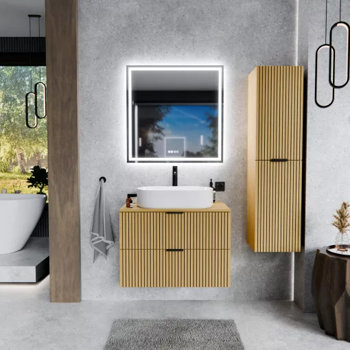 HD Palma Hickory 60/80/100/120 fali mosdószekrény hikoridió színű mosdópulttal és matt fekete fogantyúkkal