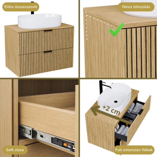 HD Palma Hickory 60/80/100/120 komplett fürdőszoba bútor fali mosdószekrénnyel, hikoridió színű mosdópulttal, matt fekete fogantyúkkal és tükörrel