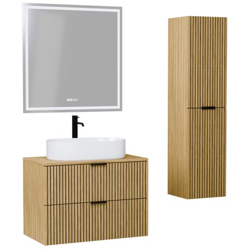 HD Palma Hickory 60/80/100/120 komplett fürdőszoba bútor szett fali mosdószekrénnyel, hikoridió színű mosdópulttal, matt fekete fogantyúkkal, tükörrel és magasszekrénnyel