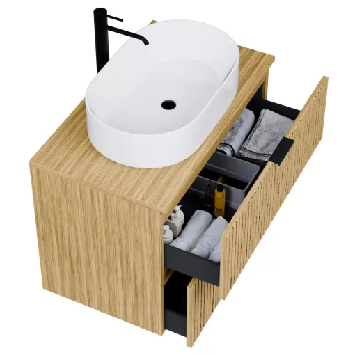 HD Palma Hickory 60/80/100/120 komplett fürdőszoba bútor szett fali mosdószekrénnyel, hikoridió színű mosdópulttal, matt fekete fogantyúkkal, tükörrel és magasszekrénnyel