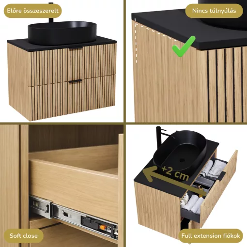 HD Palma Hickory 60/80/100/120 fali mosdószekrény matt fekete mosdópulttal és matt fekete fogantyúkkal