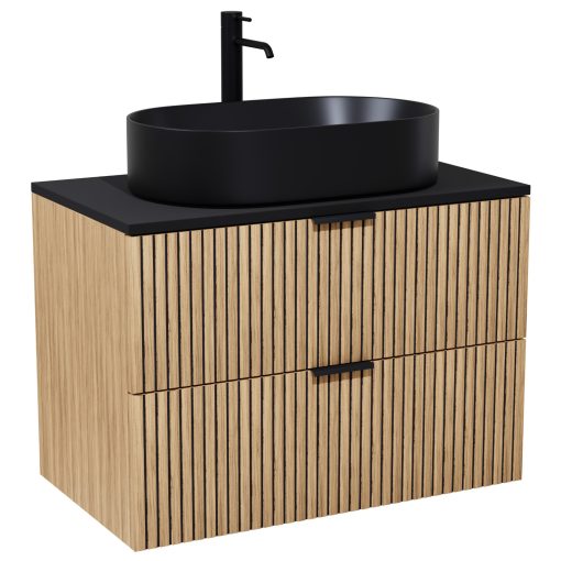 HD Palma Hickory 60 komplett fürdőszoba bútor fali mosdószekrénnyel, matt fekete mosdópulttal, matt fekete fogantyúkkal és tükörrel