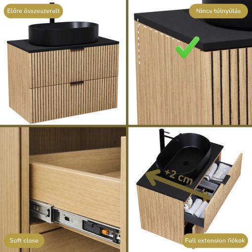 HD Palma Hickory 60 komplett fürdőszoba bútor szett fali mosdószekrénnyel, matt fekete mosdópulttal, matt fekete fogantyúkkal, tükörrel és magasszekrénnyel