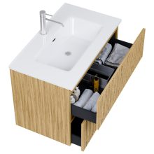 HD Parma Pro Hickory 60 komplett fürdőszoba bútor szett fali push-to-open mosdószekrénnyel, fényes fehér slim mosdóval, tükörrel és magasszekrénnyel