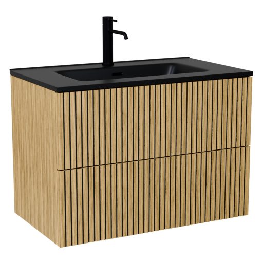 HD Parma Pro Hickory 60 komplett fürdőszoba bútor fali push-to-open mosdószekrénnyel, matt fekete slim mosdóval és tükörrel