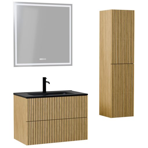 HD Parma Pro Hickory 60 komplett fürdőszoba bútor szett fali push-to-open mosdószekrénnyel, matt fekete slim mosdóval, tükörrel és magasszekrénnyel