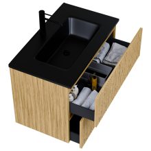 HD Parma Pro Hickory 60 komplett fürdőszoba bútor szett fali push-to-open mosdószekrénnyel, matt fekete slim mosdóval, tükörrel és magasszekrénnyel