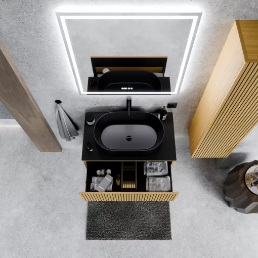 HD Palma Pro Hickory 60 fali mosdószekrény, push-to-open mechanizmussal, matt fekete mosdópulttal