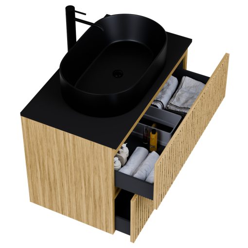 HD Palma Pro Hickory 60 komplett fürdőszoba bútor fali push-to-open mosdószekrénnyel, matt fekete mosdópulttal és tükörrel