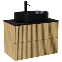 HD Palma Pro Hickory 60 komplett fürdőszoba bútor szett fali push-to-open mosdószekrénnyel, matt fekete mosdópulttal, tükörrel és magasszekrénnyel