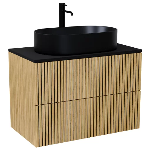 HD Palma Pro Hickory 60 komplett fürdőszoba bútor szett fali push-to-open mosdószekrénnyel, matt fekete mosdópulttal, tükörrel és magasszekrénnyel