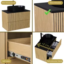 HD Palma Pro Hickory 60 komplett fürdőszoba bútor szett fali push-to-open mosdószekrénnyel, matt fekete mosdópulttal, tükörrel és magasszekrénnyel