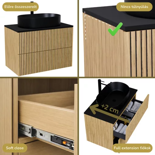 HD Palma Pro Hickory 60 komplett fürdőszoba bútor szett fali push-to-open mosdószekrénnyel, matt fekete mosdópulttal, tükörrel és magasszekrénnyel