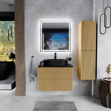 HD Palma Pro Hickory 60 komplett fürdőszoba bútor szett fali push-to-open mosdószekrénnyel, matt fekete mosdópulttal, tükörrel és magasszekrénnyel