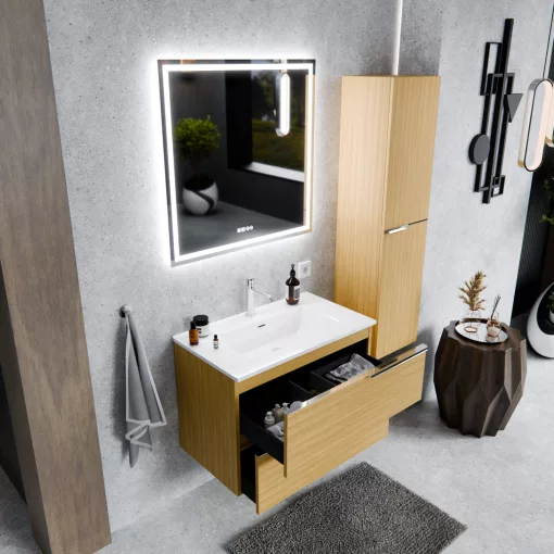 HD Cremona Hickory 60 fali mosdószekrény fényes króm fogantyúkkal és fényes fehér slim mosdóval