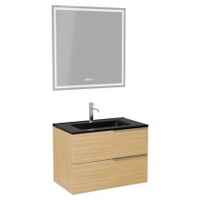 HD Cremona Hickory 60 komplett fürdőszoba bútor fali mosdószekrénnyel, fényes króm fogantyúkkal, matt fekete slim mosdóval és tükörrel